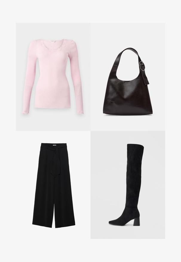 Pink ribbed long-sleeve top with a V-neck and scalloped lace trim. Soft texture, fitted shape, and straight hem.; Black wide-leg pants featuring a textured fabric, an elastic waistband, and a detachable sash tie at the waist for adjustable fit.; Black suede knee-high boot with block heel, pointed toe, and smooth, seamless design on a plain light background.; Brown leather shoulder bag with a smooth texture, rounded shape, wide strap, and circular metallic accent on the handle.