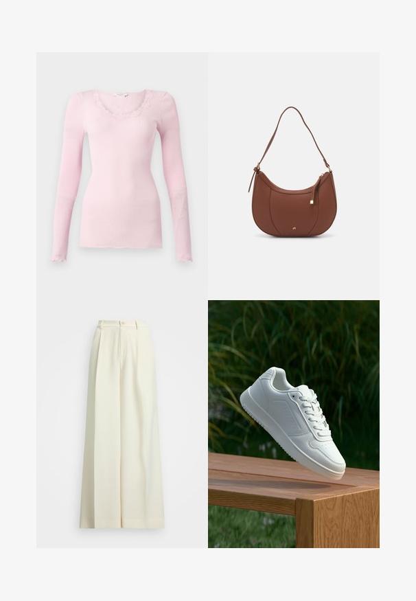 Top de mangas longas em rosa, com decote em V e acabamento em renda ondulada. Textura suave, modelo ajustado e bainha reta.; Calças de perna larga em tecido bege claro, com cintura alta, pregas duplas e fecho de botão. Textura suave e design ajustado.; Sapatilha branca com um cabedal sintético liso, caixa dos dedos perfurada, atacadores planos e uma sola texturizada, exposta sobre uma superfície de madeira.; Mala de ombro em pele sintética castanha com forma curva, costura minimalista e detalhe em metal dourado. Apresenta fecho de zíper no topo e alça ajustável.