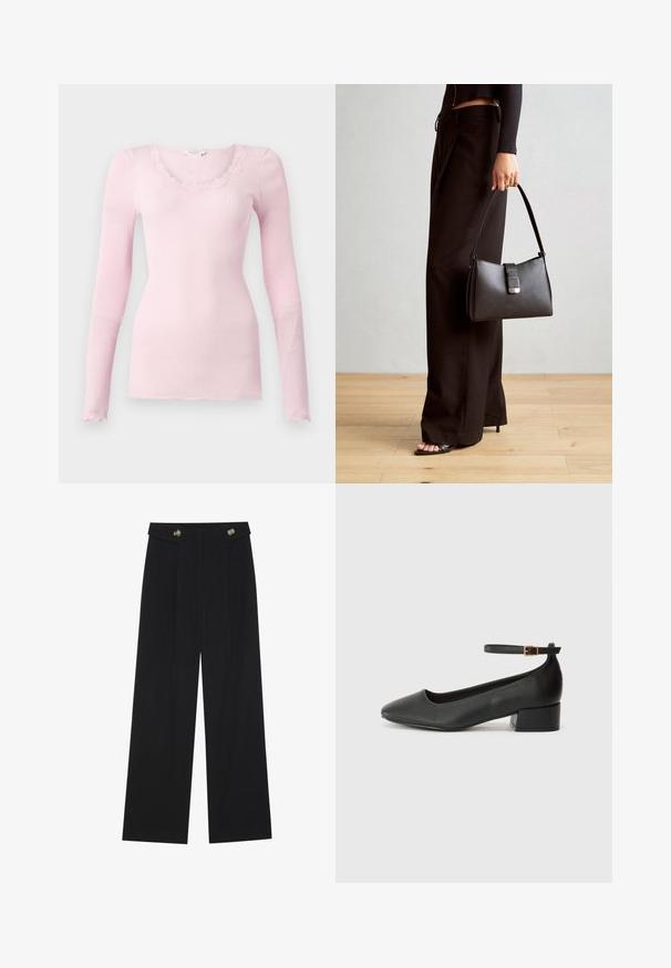 Różowa, prążkowana bluzka z długim rękawem, z dekoltem w kształcie litery V i falbaną koronkową. Miękka w dotyku, dopasowana sylwetka i prosty dół.; Czarne szerokie spodnie z wysokim stanem, z detalami w postaci guzików na pasku oraz plisami z przodu.; Czarne skórzane szpilki z ostrym noskiem i niskim słupkowym obcasem. Wyposażone w pasek na kostkę z złotym zapięciem. Gładka tekstura.; Czarna torebka o usztywnionym kształcie, gładkiej fakturze i metalowym zapięciem. Połączona z szerokimi czarnymi spodniami i sandałami na otwartym palcu na drewnianej podłodze.