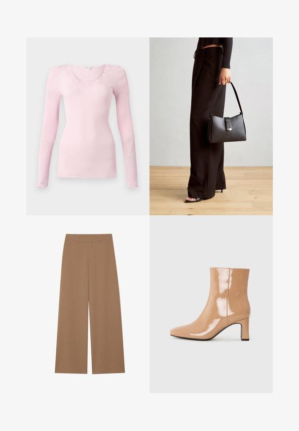 Ružičasta duža majica s dugim rukavima, V-izrezom i čipkastim rubom. Meki materijal, prilagođen oblik i ravni rub.; Široke hlače u jednobrojnoj smeđoj boji, izrađene od teksturirane tkanine; imaju visok struk i strukturirani dizajn s navojima za remen.; Nude patent čizme do gležnjeva s oblikom ušiljenog vrha, sjajnom završnom obradom i blok potpeticom srednje visine. Glatka tekstura i elegantan siluet.; Crna torba s oblikom koji sadrži strukturu, glađu teksturu i metalnu kopču. Uparena s širokim crnim hlačama i sandalama na otvorenom s drvenog poda.