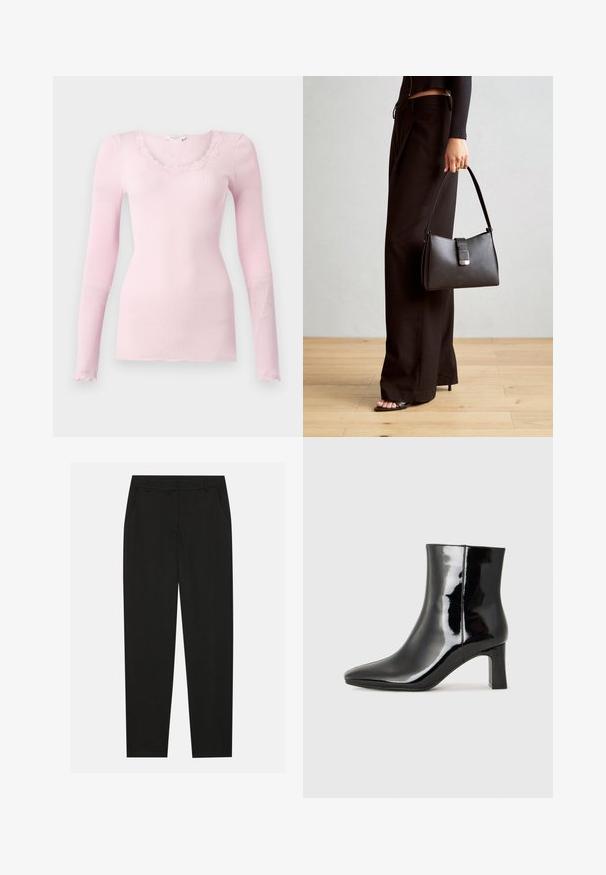 Rosa geripptes langärmliges Oberteil mit V-Ausschnitt und gezacktem Spitzenbesatz. Weicher Stoff, taillierte Form und gerader Saum.; Schwarze Hosen mit taillierter Passform, ausgestattet mit seitlichen Taschen und geradem Bein. Hergestellt aus glattem, leichtem Stoff mit einem eleganten Finish.; Schwarzer Lackleder-Stiefelette mit spitzer Zehe und einem mittelhohen Blockabsatz. Glatte Textur und minimalistisches Design.; Schwarze Handtasche mit strukturierter Form, glatter Textur und einem metallischen Verschluss. Kombiniert mit weiten schwarzen Hosen und offenen Sandalen auf einem Holzboden.