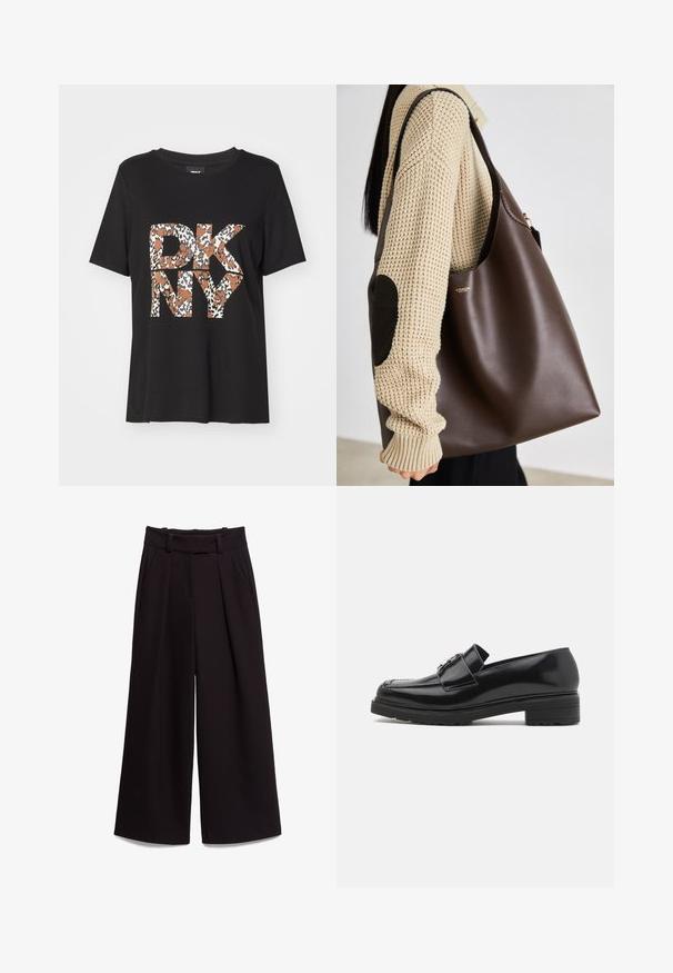 Musta puuvillapaita, jossa on leopardi-kuosisessa "DKNY"-logossa ruskeita ja valkoisia sävyjä, pyöreä kaula-aukko ja lyhyet hihat.; Mustat leveälahkeiset housut, jotka on valmistettu sileästä kankaasta. Housuissa on korkea vyötärö, vyölenkit ja kaksi etutaskua. Pleidit lisäävät tekstuuria.; Musta kiiltonahkainen loaferit, joissa on pyöreä kärki, koristeellinen nauha ja hopeanvärinen yksityiskohta etuosassa. Neliön muotoinen korko ja teksturoitu pohja.; Ruskea nahkainen kassi, jossa on tilava muotoilu. Ominaisuuksina sileä pinta ja hienovarainen kultainen logo. Yhdistetty kermaiseen neulepuseroon.