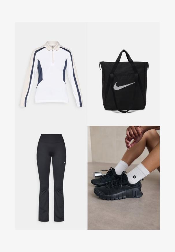 Ilgagalvė polo marškinėliai su balta kūno dalimi, tamsiai mėlynomis šoninėmis detalėmis ir šviesiai smėlinėmis pečiais. Turi užtrauktuko apykaklę, leidžiančią reguliuoti dėvėjimą.; Juodos sportinės tamprės su aukšta liemeniu, pagamintos iš lygaus, tampriai priglundančio audinio. Kairėje šlaunyje yra mažas baltas Nike logotipas.; Juodi sportiniai bateliai su tekstūruota medžiaga, raištelių dizainu ir ryškiu padu, derinami su baltais raukšlėtais kojiniais, turinčiais mažą logotipą.; Juodas nailoninis maišas su dviem tvirtais rankenėlėmis ir užtrauktuku. Pasižymi ryškiu baltu Nike swoosh logo, esamu horizontaliai juostelėse.