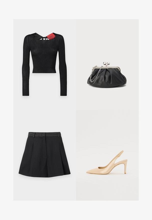 Musta, pitkähihainen lyhyt paita, jossa on ribbikuvio. Sisältää pyöreän kaula-aukon ja nauhakiinnityksen takana, punainen etiketti näkyvissä.; Mustat pleated minihame, jossa on vyötärö ja vyölenkit, etusuljin piilotettu läpällä, esitetty valkoista taustaa vasten.; Nudepatent-läderslingbackklack med spetsig tå, öppen vamp och en tunn stilettklack. Har en cirkulär guldaccent på remmen.; Mustan nahkainen clutch, jossa on rypistetty rakenne, hopeanvärinen metallikehys, suukko-lukko ja ketjuhihna. Sileä, pehmeä pinta.