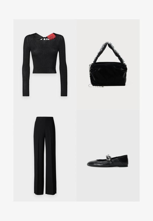Schwarzes, langärmliges, kurzes Oberteil mit gerippter Textur. Verfügt über einen runden Halsausschnitt und ein Bindeband am Rücken, wobei ein rotes Etikett sichtbar ist.; Schwarze weite Hosen mit einer glatten Textur, ausgestattet mit einem hohen Bund und mittleren Falten. Keine sichtbaren Muster oder Hardware-Details.; Schwarze Ballettflat mit spitzer Spitze, ausgestattet mit einem Riemen und einer runden, metallischen Schnalle sowie einer flachen Sohle.; Schwarze Handtasche aus Kunstleder mit strukturiertem Finish, ausgestattet mit einem mit Perlen verzierten silbernen Akzent am oberen Griff und einem Kettenriemen.