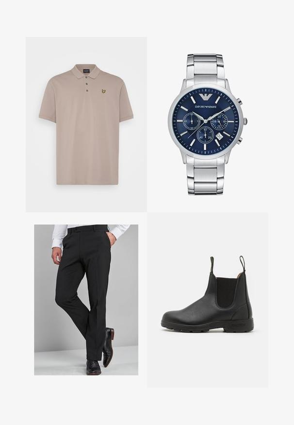 Lyle & Scott PLAIN - Polotričko - heritage taupe; Černé společenské kalhoty s dobře padnoucím střihem, vyrobené z hladkého materiálu, s rovnými nohavicemi a poutky na opasek, doplněné o lesklé černé společenské boty.; Černá kožená Chelsea obuv s elastickými bočními panely, poutkem na patě, robustní gumovou podrážkou a prošívanými detaily. Hladký povrch po celém obvodu.; Emporio Armani Hodinky se stopkami - silver-coloured