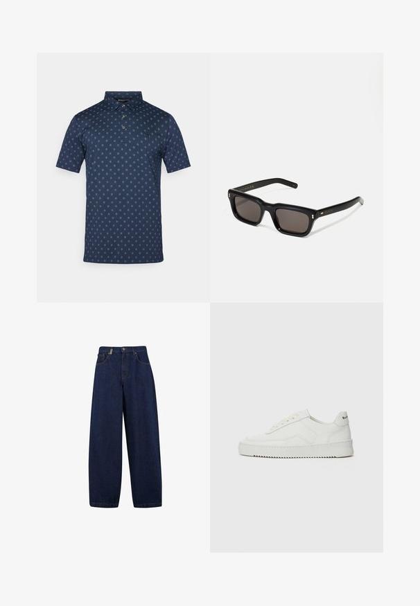 Polo shirt navy in cotone misto con maniche corte, colletto con bottoni e motivo floreale ripetuto blu chiaro su tutta la superficie. Presenta un piccolo logo.; Jeans in denim blu scuro a taglio comodo con vita alta, tasche frontali e design a gamba dritta. Include hardware in tonalità argentata e cuciture minime.; Sneaker in pelle bianca con una finitura liscia, punta rotonda, lacci piatti e suola testurizzata. Presenta un logo discreto sul tallone.; Occhiali da sole neri rettangolari con lenti scure, montatura spessa in plastica, dettagli dorati sulle tempie e logo del marchio inciso sull'asta.