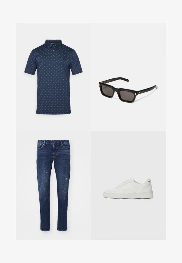 Marineblauwe poloshirt in katoenmix met korte mouwen, knoopsluiting en een herhalend lichtblauw bloemmotief over het hele shirt. Heeft een klein logo.; Donkerblauw denim jeans met een slim fit, voorzien van verfspetters, zichtbare stiksels en een standaard vijf-pocket ontwerp. Recht gesneden pijpen.; Witte leren sneaker met een gladde afwerking, ronde neus, platte veters en een gestructureerde zool. Kenmerkt zich door een subtiel logo op de hiel.; Zwarte rechthoekige zonnebril met donkere lenzen, een dik plastic montuur, gouden accenten op de veren en het merkembleem gegraveerd op de arm.