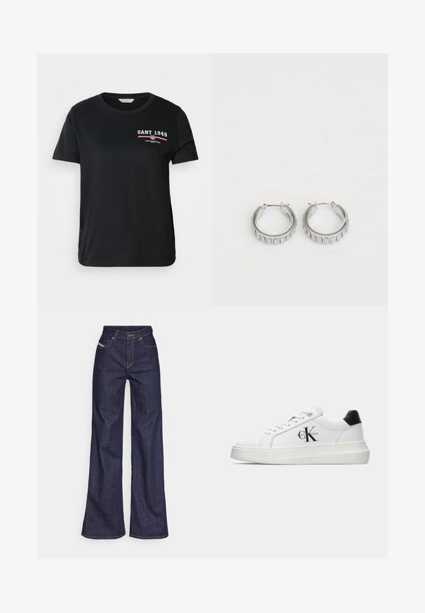 Sort bomulds T-shirt med rund hals, korte ærmer, der har et hvidt og rødt "GANT 1949" logo og tekst på venstre bryst.; Mørkeblå bredbenede jeans i denimstof med høj talje, prydet med orange stikninger, fem-lomme design og knaplukning.; Hvide lavtoppede sneakers med sort hælkænke, platformssål, snørebånd og Calvin Klein "CK" logo på siden.; Sølv hoop øreringe med et struktureret design, der har lodrette riller. Cirkelformede med en sikker lås. Glat finish.