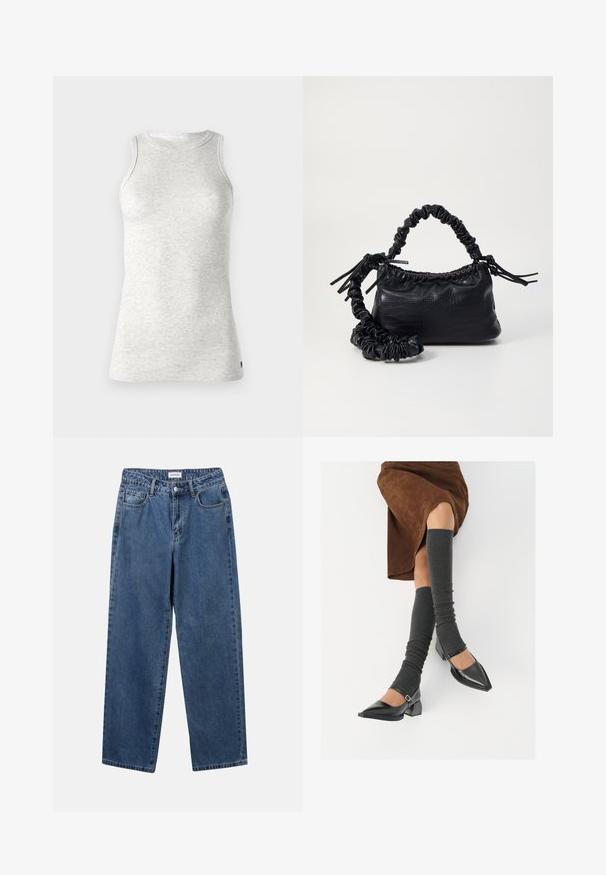 Replay Top - super light grey; Klasické modré džíny z denimu se střihy rovné nohy, pěti kapsami a zapínáním na knoflík. Mají střední odstín a odolnou texturu.; Černé lakované boty s špičatou špičkou, blokovým podpatkem a kotníkovým páskem, spárované s šedými žebrovanými návleky na nohy a hnědskou sukní z semiše.; Černá kabelka z umělé kůže s krokodýlím vzorem, staženým vrškem a zmačkaným popruhem. Zdá se, že má měkký a kompaktní design.