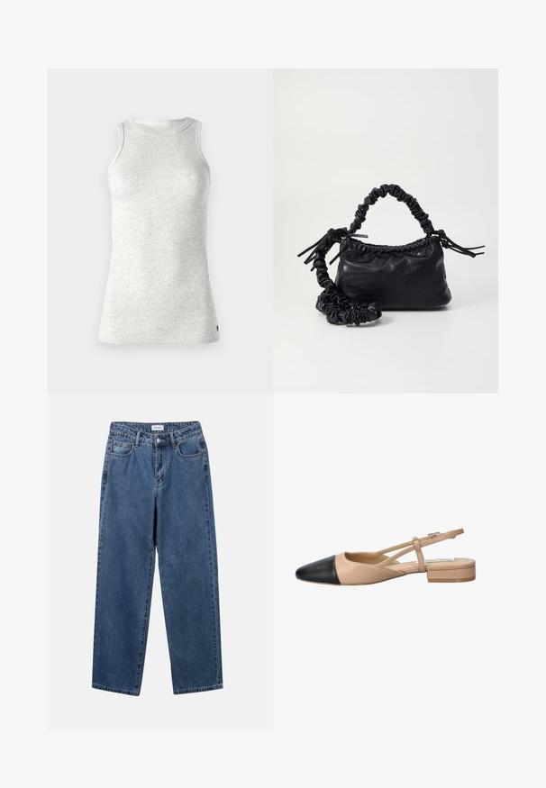 Replay Top - super light grey; Classic blue denim jeans with a straight-leg design, five pockets, and a button closure. Features a medium wash and sturdy texture.; Beige and black two-tone slingback shoe with a pointed toe, flat heel, and crisscross strap detail. Smooth leather texture.; Black faux leather handbag with a crocodile texture, cinched top, and a scrunched strap. Appears soft and compact in design.