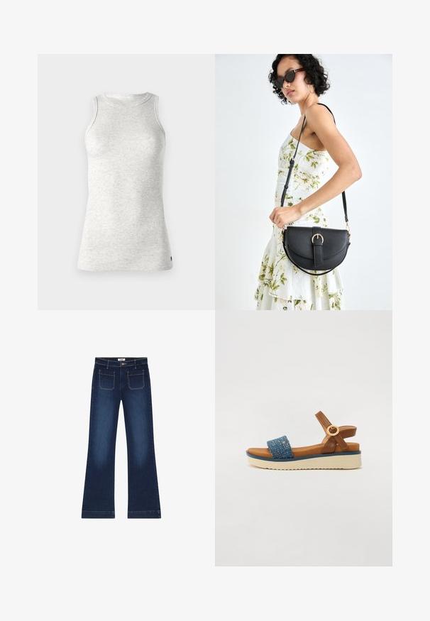 Replay Topp - super light grey; Tumedast sinised avarad teksad, mis on valmistatud denimist. Omab viit taskut, lukuga kinnitamist ja kuldsete punktide rõhuasetust õmblustes. Lai jalaava.; Sinine tekstiil ülemise osa, pruuni nahkrihmaga, reguleeritava pandla ja kerge beeži platvormialusega, millel on tekstureeritud külged.; Mustmust mustraha kõverate joontega, eemaldatava rihmaga ja kuldsete detailidega. Kotil on klapp, millel on pandladetail.