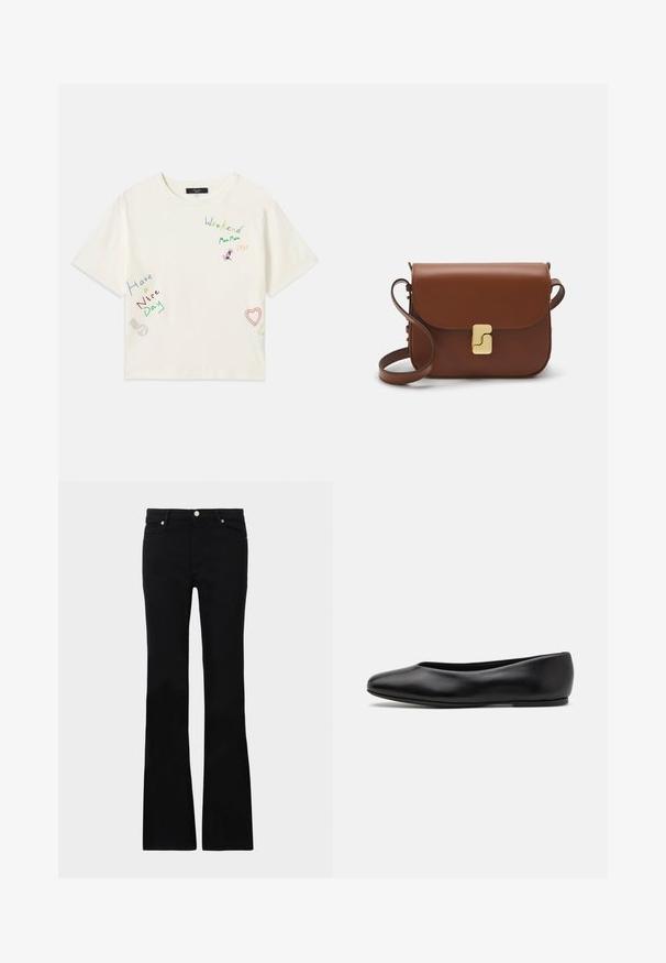 White cotton t-shirt with short sleeves, featuring colorful embroidered text and designs, including "Weekend," "Have a Nice Day," and a heart.; Black flared jeans made of denim, featuring two front pockets, a button closure, and a smooth texture. Signature stitching visible at seams.; Paul Smith TOPANGA - Ballet pumps - black; Brown leather handbag with a flap closure, gold-tone hardware, a shoulder strap, and a smooth texture. Compact rectangular shape.