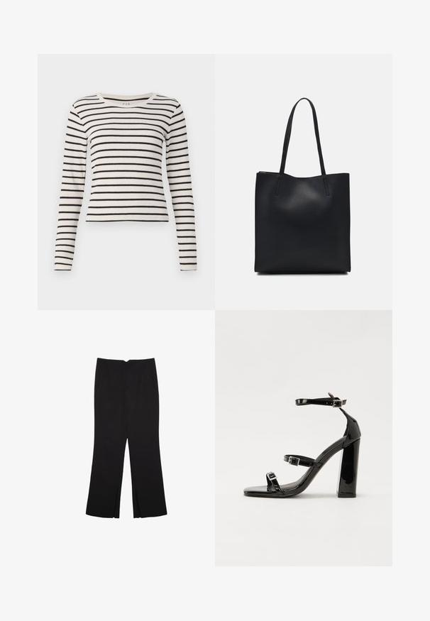 Raidallinen pitkähihainen paita kermanvärisenä ja mustana. Ominaisuuksiin kuuluu pyöreä pääntie, ribattua sotetta ja istuva muotoilu vaikkakin vaakasuorilla raidoilla.; Mustat housut suoralinjaisella leikkauksella, joissa on etutaskut ja sivurei'ät helman alla. Valmistettu pehmeästä ja sileästä kankaasta. Sopii eri tilaisuuksiin.; Musta kiiltävä korkokenkä sandaalit neliönmuotoisella varpaalla, nilkkaremmillä ja hopeisilla soljilla. Varustettu tukevalla lohkokorkealla vakauden takaamiseksi.; Mustapahkainen kangaskassi, jossa on sileä pinta, suorakaiteen muotoinen ja kaksi pitkää kahvaa. Ei näkyvää metalliosaa tai koristeita.