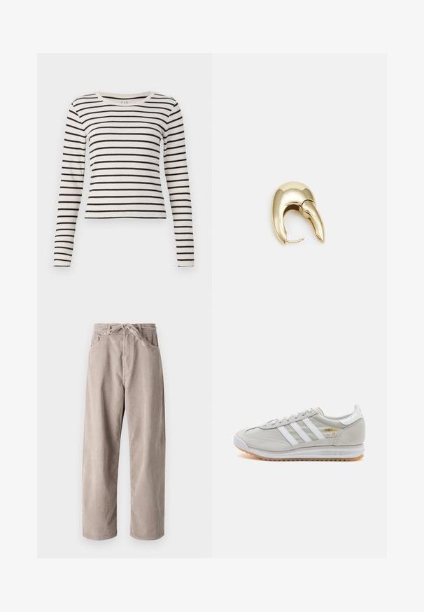 Gestreepte langemouwtop in crème en zwart. Beschikt over een ronde halslijn, ribbelstructuur en een aansluitend ontwerp met horizontale strepen.; Beige corduroybroek met een losse pasvorm, voorzien van een tailleband met trekkoord, twee voortassen en een verticale ribbelstructuur.; Lichtgrijze sneaker van suede en mesh, met drie witte strepen, ronde neus en een gumrubberen zool. Gouden logo-accent bij de veters.; Gouden metalen oorbel met een slank, gebogen ontwerp. Beschikt over een kenmerkende puntige vorm, gepolijste oppervlakte en scharnier sluiting.