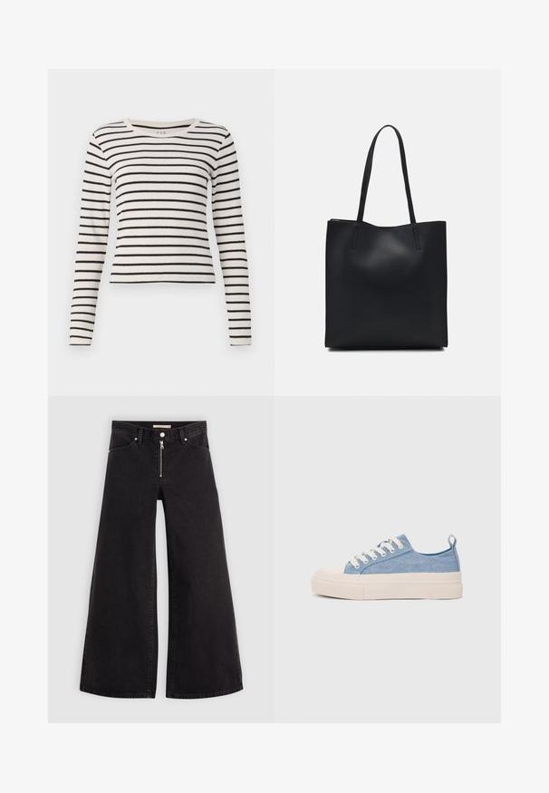 Gestreepte langemouwtop in crème en zwart. Beschikt over een ronde halslijn, ribbelstructuur en een aansluitend ontwerp met horizontale strepen.; Wijdvallende jeans van zwarte denim met een ritssluiting aan de voorkant, vijf zakken en subtiele stikdetails. Soepele textuur en casual stijl.; Lichtblauwe canvas sneakers met een crème rubberen neuskap en zool, voorzien van witte veters en een trekstrip op de hiel.; Zwarte leren handtas met een gladde textuur, rechthoekige vorm en twee lange handvaten. Geen zichtbare hardware of versieringen.
