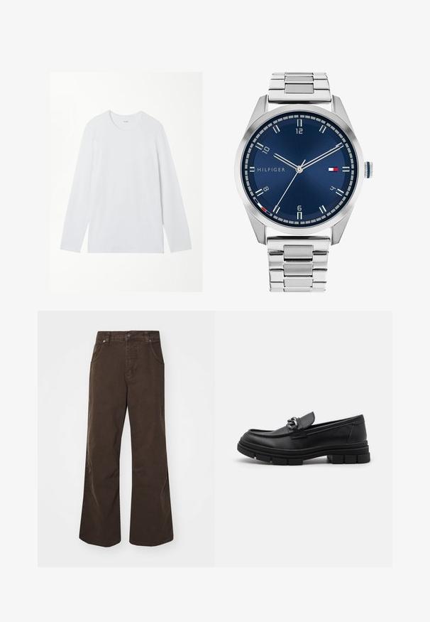 Hladké bílé triko s dlouhým rukávem a kulatým výstřihem, vystavené na bílé pozadí.; Hnědé široké kalhoty z bavlny, s vysokým pasem, předními kapsami a hladkou texturou. Dokončení zahrnuje jemné detaily šití.; Černé kožené mokasíny s kulatou špičkou, dekoračním páskem a kovovými prvky, a masivní texturovanou podrážkou. Hladký povrch s jemnými detaily.; Stříbrné kovové hodinky s broušeným modrým ciferníkem, bílými hodinovými indexy a zobrazením data. Mají spojený kovový pásek a logo značky.