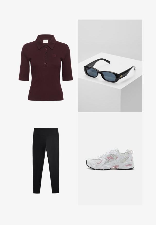 Gestuz DREW - Poloshirt - aronia; Schwarze Leggings aus glattem, dehnbarem Stoff. Mit einem breiten Bund und tailliertem Bein Design, geeignet für aktive oder lässige Kleidung.; Weiße Sportschuhe mit Obermaterial aus Mesh und Synthesematerial, pinken Akzenten, gepolstertem Kragen und schwarzer Gummisohle. Mit sichtbaren Perforationen und Logo.; Schwarze rechteckige Sonnenbrille mit getönten blauen Gläsern, dicken Rahmen und einem goldenen, runden Akzent an der Seite. Schlichte, glänzende Oberfläche.; Perlenohrringe mit polierter Oberfläche, ausgestattet mit einem silberfarbenen Karabiner und runden, weißen Perlen. Einfaches, klassisches Design.