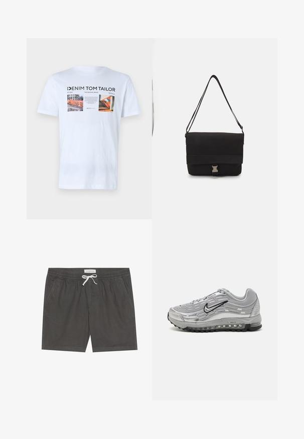 Biela bavlnená tričko s tromi grafickými potlačami, čiernym textom a logo značky "Denim Tom Tailor." Krátke rukávy a dizajn s okrúhlym výstrihom.; Sivé plavky vyrobené z mäkkej tkaniny, s elastickým pásom a bielym šnúrkou, so šitými detailmi a bočnými vreckami.; Sivé tenisky Nike Air Max s vrchnou časťou z jemnej siete a syntetického materiálu, vlnkovým dizajnom, čiernymi akcentmi a viditeľnou vzduchovou tlmiacou jednotkou.; Čierna taška na rameno vyrobená z hladkého materiálu, s preklápacím vrchným dielom, striebornými kovový ktorými a nastaviteľným ramenným popruhom.