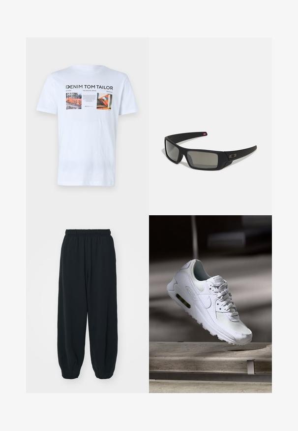 Weißes Baumwoll-T-Shirt mit drei grafischen Drucken, schwarzem Text und Logos von "Denim Tom Tailor". Kurze Ärmel und Rundhalsausschnitt.; Schwarze Sweatpants mit elastischem Bund, lockerer Passform, gerippten Beinabschlüssen, glatter Textur und ohne sichtbare Muster oder Hardware-Akzente.; Weiße Nike Air Max 90 Sneaker mit einem Obermaterial aus Mesh und Leder, durchlässigem Zehenbereich und einer sichtbaren Air-Einheit in der Ferse.; Schwarze Sonnenbrille mit matter Oberfläche, rechteckigen Gläsern, leichtem Bogen an den Schläfen, dezentem Logo-Detail und rauchgetönten Gläsern.