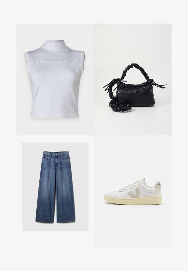 Bijela majica bez rukava s visokim ovratnikom, glatke teksture i skraćenog dizajna. Sadrži horizontalni šav preko grudi.; Široke plave traperice s izblijedjelim finišom, s kopčanjem na gumb i patentni zatvarač, pet džepova i petljama za remen.; Bijele kožne tenisice s bež nubuk naglascima, perforiranim prednjim dijelom, ravnim čipkama i teksturiranom kremastom potplatom. Sadrži suptilni brend na pete.; Crna torba od umjetne kože s teksturom krokodila, s cinčanim vrhom i naboranom trakom. Izgleda mekano i kompaktno u dizajnu.