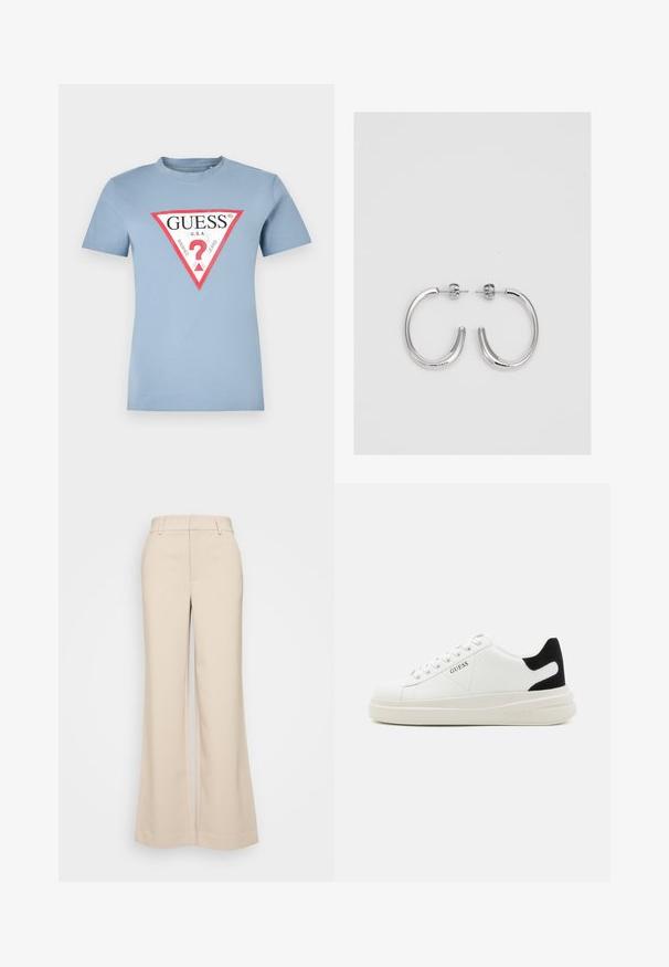 Vala vaaleansininen puuvillapaita, jossa on lyhyet hihat ja pyöreä kaula-aukko. Paidassa on punaisesta ja mustasta koostuva kolmiomainen kuvio, jossa lukee "GUESS U.S.A" sekä kysymysmerkki.; Beige levelek pantsa, jotka ovat sileätekstuuriset ja joissa on korkea vyötärö sekä kaksi etutaskua. Siisti muotoilu ja istuva malli.; Valkoiset nahkakengät paksulla valkoisella pohjalla, mustalla mokkanahkaosuudella kannassa ja kohokuvioitu logo sivulla. Nauhakeskitys kuudella reiällä.; Hopehopeet hopehopeet hopehopeet hopehopeet, jolla on sileä, kiiltävä pinta. Pyöreä muoto, kevyt rakenne, jossa on neulakiinnitys.