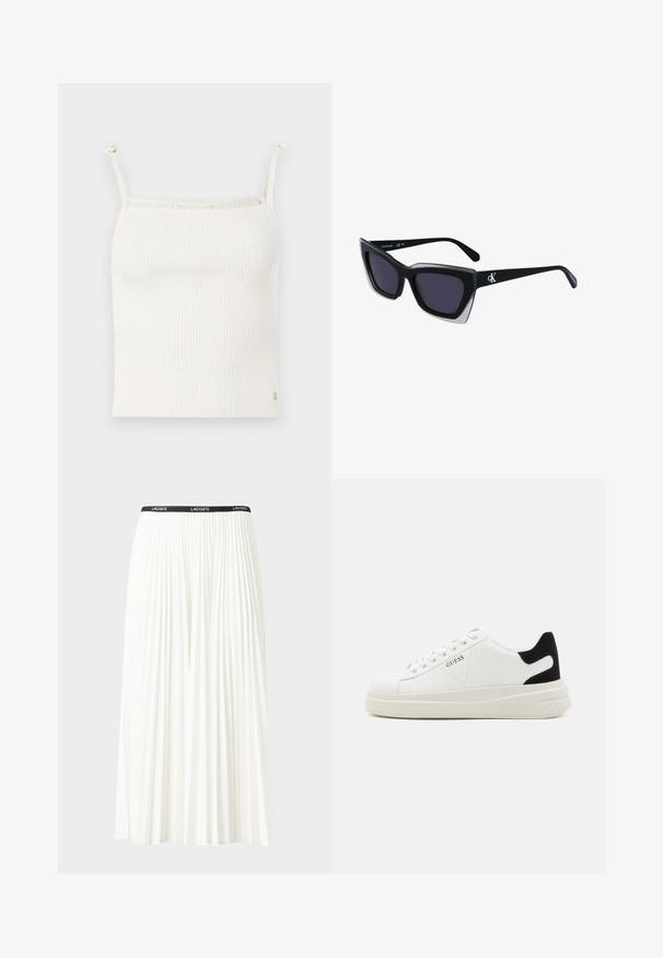 Rebrovaná, krémová tielko s tenkými, nastaviteľnými ramienkami a malým logom na leme. Mäkká textura. Tvarovo priliehavý dizajn.; Plisovaná biela sukňa s čiernym elastickým pásom s logom "LACOSTE". Sukňa je stredne dlhá a má mäkkú textúru.; Biele kožené tenisky s hrubou bielou podrážkou, čiernym zamekom na päte a vyrazeným logom na boku. Šnurovací dizajn so šiestimi očkami.; Čierne oversized slnečné okuliare s geometrickým tvarom, s tmavými šošovkami a kontrastným šedým detailom na ráme. Logo na mostíku.