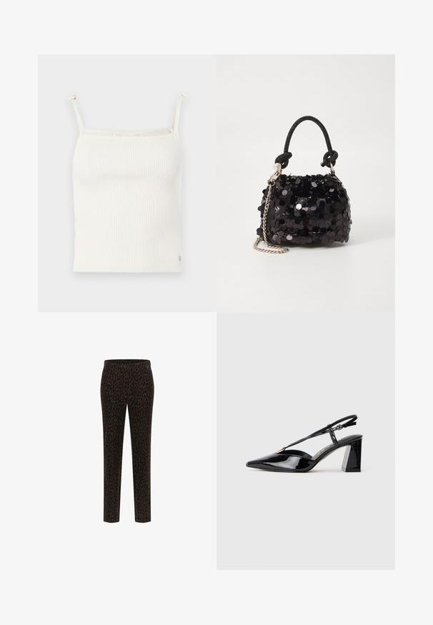 Rebrasta, krem boje, majica na bretele s tankim, podesivim trakama i malim logotipom na rubu. Mekana tekstura. Oblikovana za tijelo.; Crne hlače s uzorkom leopard tiska u nijansama smeđe, uskog kroja, elastičnim pojasom, glatke tkanine i ravnim nogavicama.; Crne lakirane kožne cipele s otvorenom petom, visoke potpetice, šiljastog prsta, podesivom trakom i debelim pravokutnim potplatom.; Crna mini torbica sa šljokicama, s čvorastim teksturiranim remenom i srebrnim lancem. Zaobljenog oblika s naboranim vrhom i reflektivnim detaljima.