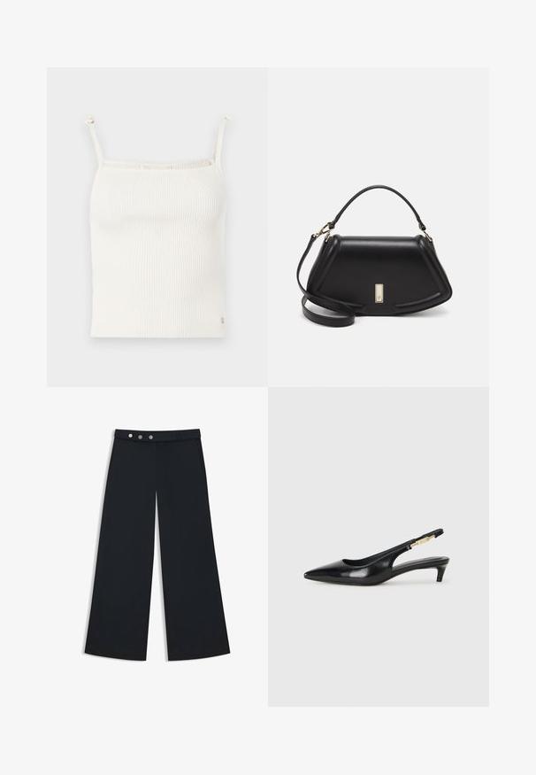 Ribbet, cremefarvet cami med tynde, justerbare stropper og en lille logoaccent ved kanten. Blød tekstur. Tætsiddende design.; Bredbenede sorte bukser med en glat overflade, der har en flad talje, en dobbeltknaplukning og sidelommer.; Sorte læder slingback hæle med spids tå, der har en slank hæl og en guldfarvet detalje på den justerbare rem. Glat tekstur.; Sort læderhåndtaske med en struktureret design, der har en kortet form, tophåndtag og guld hardware-accenter. Justerbar skulderrem inkluderet.