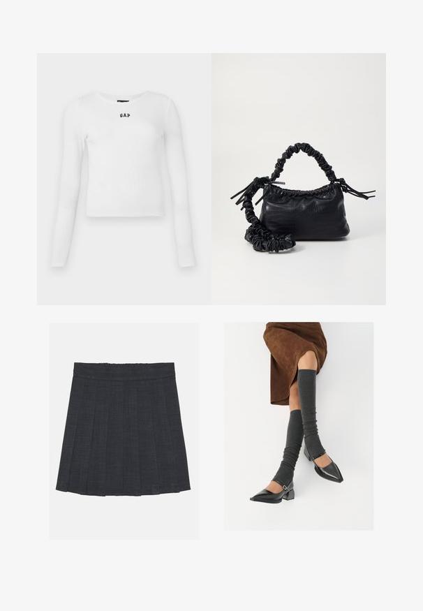 White long-sleeve ribbed top featuring a round neckline and small black "GAP" logo at the center. Soft, stretchy fabric with a fitted design.; Dark gray pleated skirt with an elastic waistband, featuring a textured fabric and a classic A-line silhouette. Suitable for casual wear.; Black patent leather pointed-toe shoes with a block heel and ankle strap, paired with gray ribbed leg warmers and a brown suede skirt.; Black faux leather handbag with a crocodile texture, cinched top, and a scrunched strap. Appears soft and compact in design.