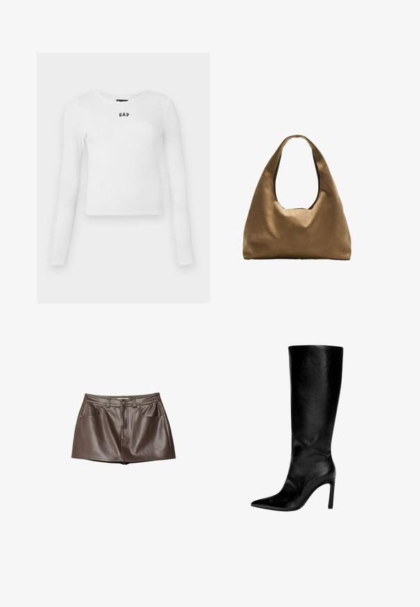 Valkoinen pitkähihaisten ribattujen pusero, jossa on pyöreä kaula-aukko ja pieni musta "GAP" -logo keskellä. Pehmeä, joustava kangas, jossa on istuva muoto.; Ruskea nahkainen mini-hame, jossa on sileä pinta, vyölenkit, etutaskut ja napitus vyötäröllä.; Polvisteinen musta nahkaboot, jossa on terävä kärki, korkea stiletto-korko, sileä pinta ja yksinkertainen, tyylikäs muotoilu ilman koristeluja.; Ruskea kangaskassi, jossa on leveä, pyöristetty muoto ja suuri leikattu kahva. Pehmeä pinta, minimalistinen muotoilu ja ei näkyvää metalliosaa.