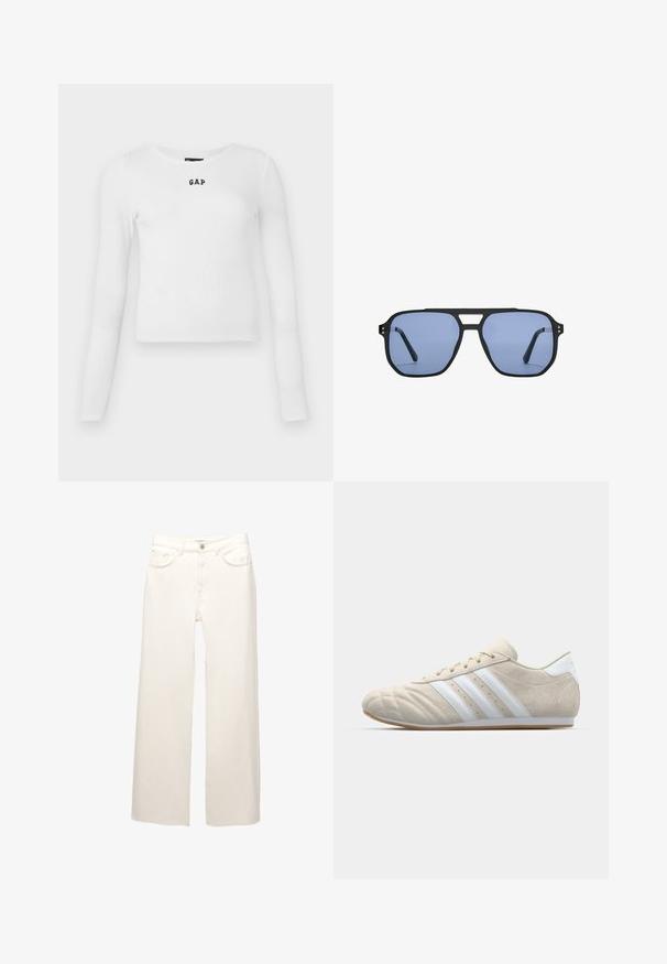 Bela dolga majica z rebrastim vzorcem, ki ima okroglo izrez in majhen črn logotip "GAP" na sredini. Mehka, raztegljiva tkanina s prilagojenim dizajnom.; Beli široki jeans iz denima s pet žepov, zadrgo in gumbom za zapiranje. Tkanina ima subtilno teksturo in minimalne šive.; Svetlo bež semiš čevlji s zaobljenim nosom, belim trakom s tremi črtami in podplatom iz gume. Imajo šivano obdelavo in nizki profil.; Stradivarius RETRO - Sončna očala - light blue