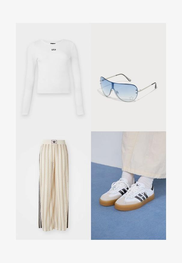Hvit langermet ribbestrikket topp med rund hals og liten svart "GAP" logo i midten. Myk, strammende stoff med en tettsittende design.; Kremfargede bukser med brede ben og zigzag-mønster, med en svart logo-linning og svarte striper på siden. Lett, teksturert stoff.; Hvite sneakers med svarte striper og beige semsket skinn-detaljer. Har en teksturert gummisåle og flate hvite snører, brukt med lyse sokker.; Pilotbriller med gradient blå linse, sølvfarget metallramme og dekorative stjerneaksenter på linsen. Glatt og stilren design.