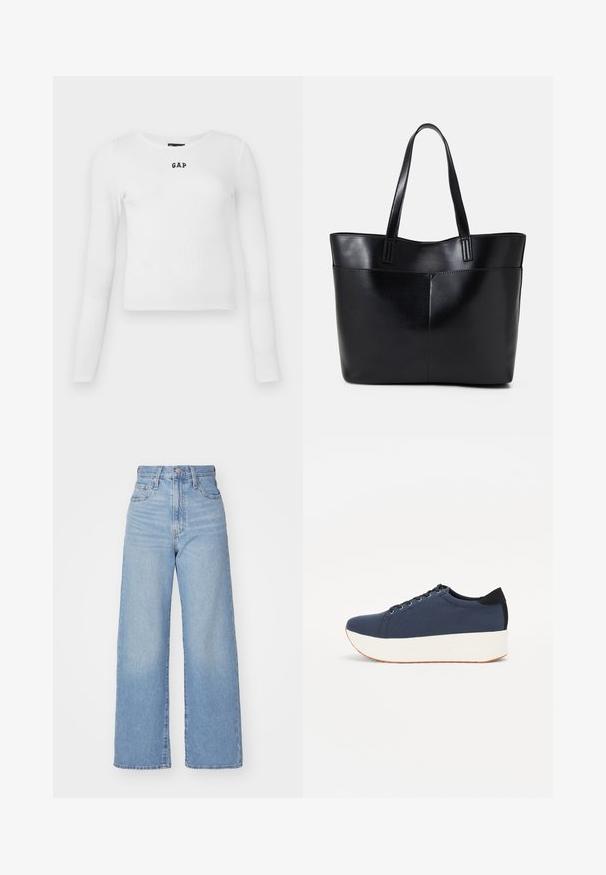 Balta, garām piedurknēm ribota blūze ar apaļu kakla izgriezumu un mazu melnu "GAP" logotipu centrā. Mīksts, elastīgs audums ar pieguļošu dizainu.; Gaiši zili augstās jostas vidukļa platās bikses ar priekšējo pogu un rāvējslēdzēju, priekšējām un aizmugurējām kabatām uz baltā fona.; Navy zilo apavi ar strukturētu auduma augšdaļu, baltu platformas zoli, noapaļotu pirkstu daļu un melnu papēža akcentu. Iekļautas sešas acs caurumi šnuķēšanai.; Melnas ādas iepirkumu soma ar divām garām rokturām, gludu tekstūru un strukturētu formu. Iekļauj priekšējo kabatu papildu uzglabāšanai.