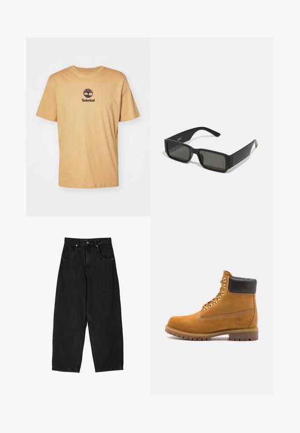 Světle žluté bavlněné tričko s kulatým výstřihem, s tmavým logem stromu a nápisem "Timberland" umístěným centrálně pod ním. Krátké rukávy a volný střih.; Černé džíny širokého střihu s vysokým pasem, obsahující pět kapes, zipový zapínací systém a kovový knoflík. Hladká textura, minimální detaily.; Hnědé semišové kotníkové boty s černým polstrovaným límcem, zlatými kovovými očky, bílým prošíváním a odolnou gumovou podrážkou s výraznými drážkami.; Černé sluneční brýle s obdélníkovými čočkami, matný plastový rám a rovné okraje. Obsahují logo značky na vnitřní straně ramena.