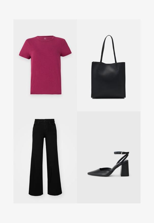 Lyhythihainen t-paita syvässä magentassa, puuvillasta valmistettu, pyöreä kaula-aukko, normaali istuvuus, jossa on siisti, minimalistinen muotoilu ilman näkyviä kuvioita tai yksityiskohtia.; Musta leveälahkeinen farkkupanta, jossa on rakenteellinen vyötärö, vyölenkit ja etutaskut. Sujuva rakenne klassisella muotoilulla.; Mustat nahkakengät, joissa on kapea kärki, nilkkaremmi ja paksu korko. Tasainen pinta, tyylikäs muotoilu ja minimalistinen estetiikka.; Mustapahkainen kangaskassi, jossa on sileä pinta, suorakaiteen muotoinen ja kaksi pitkää kahvaa. Ei näkyvää metalliosaa tai koristeita.