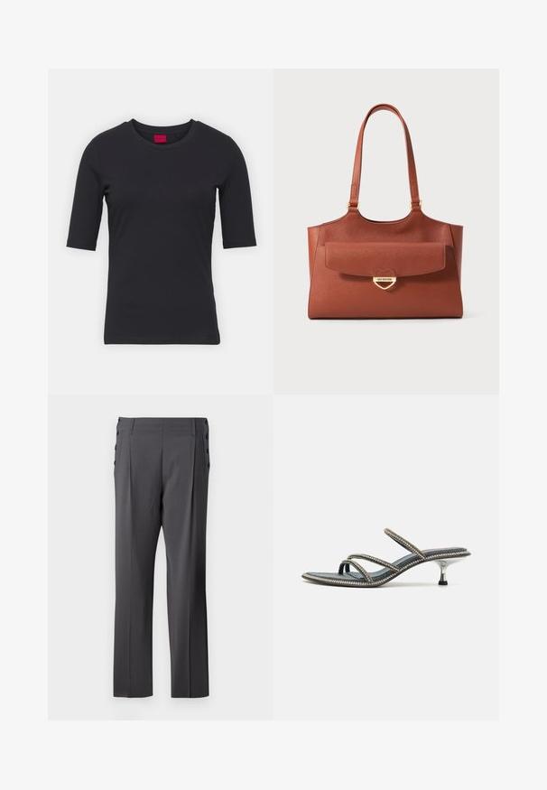 Juoda medvilninė marškinėliai su trumpomis rankovėmis, apvaliu iškirpimu ir minimalistiniu dizainu. Yra raudonas prekės ženklas prie iškirpimo.; Pilki pritaikyti kelnės su tiesiomis kojomis, priekiniais raukiniais ir dekoratyviais šoninėmis sagutėmis, suteikiančiomis papildomą detalumą. Sklandus audinio tekstūros.; Džinsiniai sandalai su trimis plonais dirželiais, papuoštų cirkoniais, smaili noselė ir metalizuotas, stiletto tipo kulnas. Neslystantis padas.; Ruda odinė perkeliamąja kuprinė su ilgomis rankenomis, priekinė kišenė su dangteliu ir auksinė širdeles formos užsegimo sagtis, gravezuota "Love Moschino".