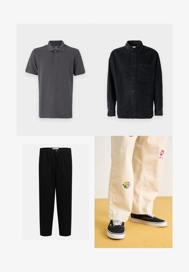 GAP Poloshirt - light grey; Zwarte geruite overhemd met lange mouwen, gemaakt van zacht stof, met een knoopsluiting aan de voorkant, een kraag en een borstzak.; Zwarte broek gemaakt van zachte stof, met een recht model, ingestraalde plooien aan de voorkant en een knoopsluiting bij de taille.; Beige katoenen broek met speelse geborduurde ontwerpen, waaronder een roze figuur en een gekleurd blok, gecombineerd met zwarte veterschoenen.