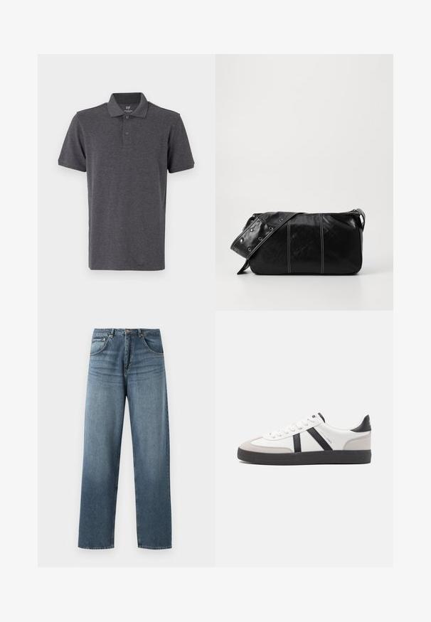 GAP Poloshirt - light grey; Rechtaankomende blauwe spijkerbroek met een vervaagde was, voorzien van een vijfzakkenontwerp, metalen knoop en riemlussen. Gestructureerde, middelzware stof.; Witte sneaker met zwarte en grijze accenten, voorzien van een grijze neus met textuur, zwarte rubberen zool en platte witte veters. Schoon ontwerp, minimalistische stijl.; Zwarte leren schoudertas met een ritsluiting, voorzien van een gestructureerd lichaam, witte stiksels en een band met zilveren oogjes.