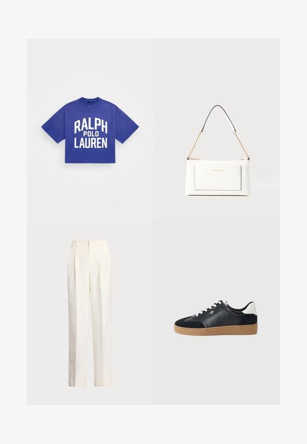 Polo Ralph Lauren KNIT T-SHIRT - Nyomott mintás póló - bright navy; Polo Ralph Lauren HEMP WIDE LEG PANT - Nadrágok - nevis; Fekete bőr és nubuk sportcipő világosbarna gumitalppal. Fehér fűzők és kis perforációk találhatók az oldalán. Michael Kors logó jelen van.; Fehér bőr kézitáska, texturált felülettel, arany lánccal és fekete részletekkel. Elülső zsebbel és cipzáros zárással rendelkezik.