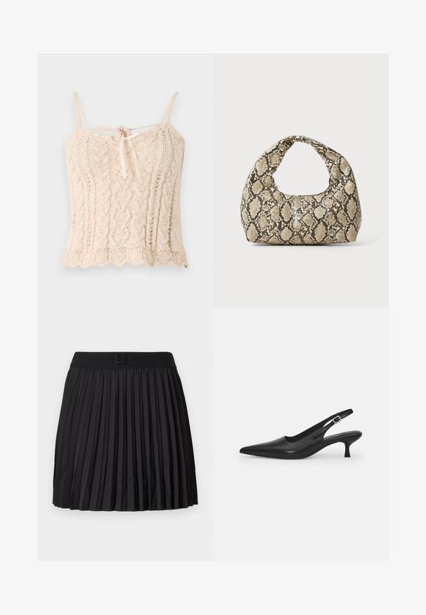 Top de punto en beige claro con una textura acanalada, con tirantes finos y un detalle de lazo atado en la parte delantera. Dobladillo festoneado.; Falda plisada negra con una textura suave, que presenta una cintura negra sólida y un detalle de logo grabado en la parte delantera.; Zapato negro de piel tipo slingback con punta afilada y un tacón delgado y curvado. Presenta una correa ajustable discreta con una hebilla de metal.; Bolso de mano con estampado de serpiente y asa curvada. Hecho de materiales texturizados en tonos beige y marrón, con un patrónen diamante distintivo.