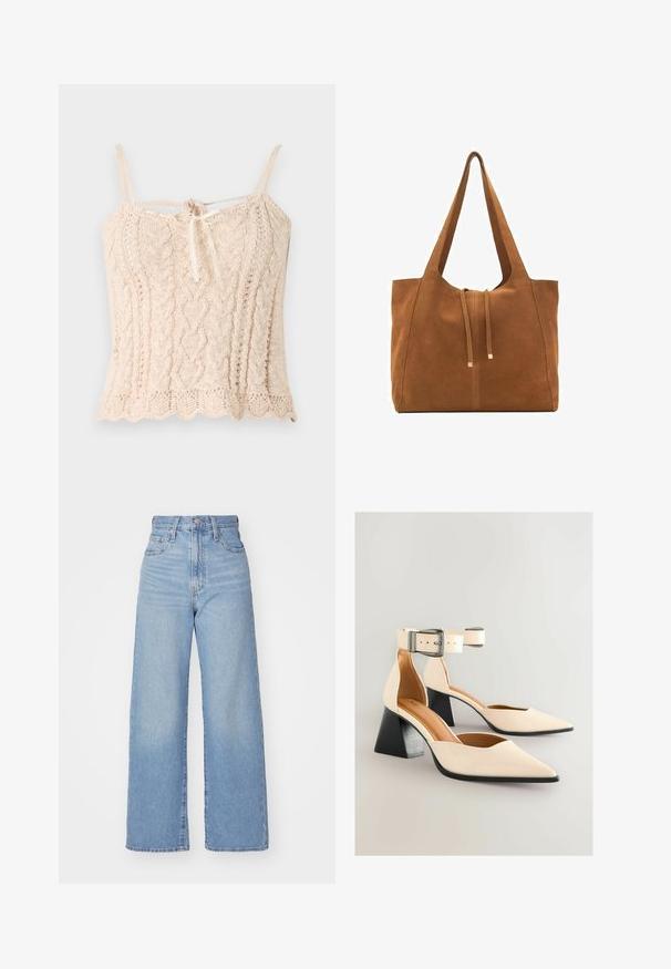 Strik tanktop i lys beige med ribbet tekstur, featuring tynde skulderremme og en bundet sløjfe detalje foran. Bølgeformet kant.; Lyseblå højtaljede bukser med bred benåbning, med frontknap og lynlås, samt for- og baglommer, på en hvid baggrund.; Creme patentlæder højhælede sko med trekantet tå og justerbar ankelrem. Har en kraftig sort hæl og en glat tekstur.; Brun ruskinds-tote med to lange stropper, snørelukning og minimalistisk design. Glat tekstur og ingen synlige hardware-detaljer.