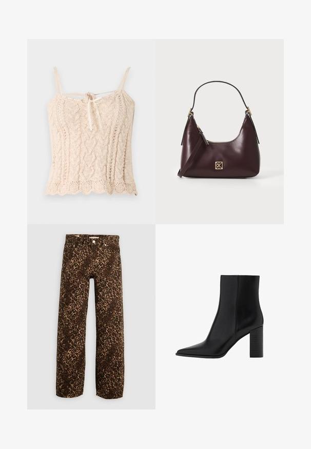 Neulotut hihattomat paidat vaaleassa beigessä värissä, joissa on ribbikudonta, ohuet olkaimet ja etuosassa solmittu nauhatarkoitus. Laittakuvioinen helma.; Leopardikuvioiset leveälahkeiset farkut ruskeassa ja vaaleassa sävyssä. Valmistettu denimistä, klassisella viidellä taskulla ja metallisilla yksityiskohdilla.; Mustat nahkakengät nilkkapituisilla, teräväkärkisillä, neliskanttisine kannallinen, sileä pinta ja ompeluyksityiskohtia saumoissa. Kannan korkeus on noin 3,5 tuumaa.; Burgundy nahkakäsilaukku, jossa on kaareva muoto, kultaiset yksityiskohdat metalliosissa ja vetoketjukuclosure. Varustettu irrotettavalla olkahihnalla.