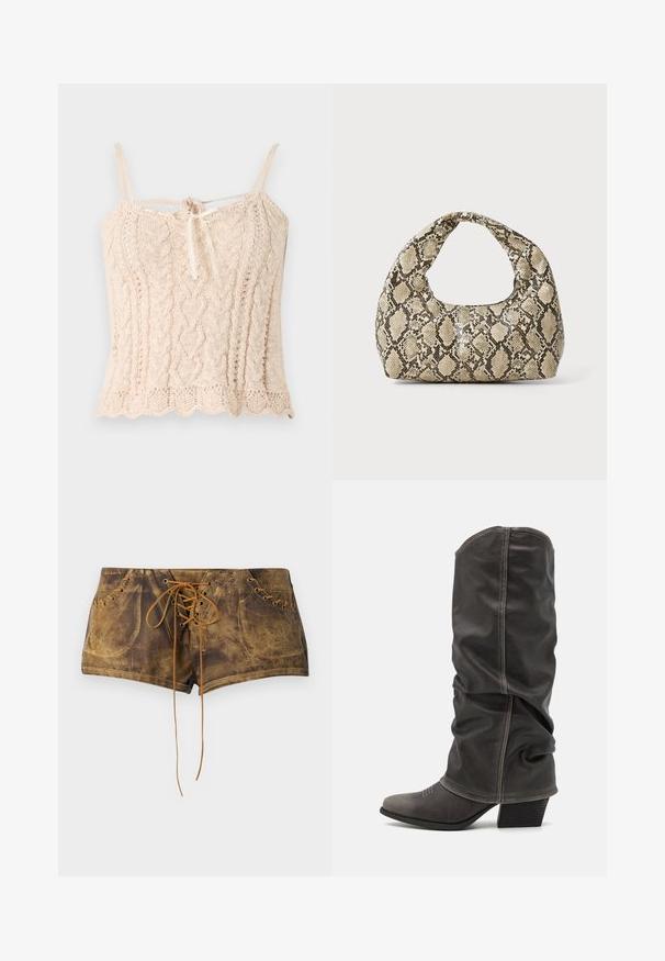 Top din tricot, de culoare bej deschis, cu o textură canelată, având bretele subțiri și un detaliu cu fundiță legată în față. Linia de jos are margini ondulate.; Shorts marron cu șireturi, cu o suprafață texturată și șireturi bej contrastante. Caracteristici include ochiuri și un design ajustat pentru un aspect strâns.; Botine din piele gri, cu înălțime până la gambe, design lejer, vârf ascuțit și toc stivuit. Detalii de cusătură notabile în zona vârfului.; Geantă cu imprimeu de șarpe, având un mâner curbat. Fabricată din materiale texturate, bej și maronii, cu un model distinctiv în formă de diamant.
