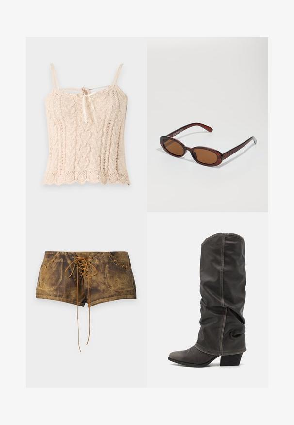 Pleteni top brez rokavov v svetli bež barvi z rebrasto teksturo, ki ima tanke naramnice in zavezano pentljo spredaj. Valovita spodnja roba.; Rjave kratke hlače s debelo vezavo in kontrastnimi rjavimi vezalkami. Imajo odprtine in prilegajoč dizajn za povečan občutek prileganja.; Sivi usnjeni škornji do meč, z ohlapnim dizajnom, koničastim nosom in plitkim podplatom. Opazna šivana detajla na področju prstov.; Okrogle, rjavo obarvane sončne naočare z sijočim burgundskim okvirjem. Tanek nosilec s subtilnim logotipom. Oblika leč je ravna.; Torba z vzorom kače s ukrivljenim ročajem. Narejena iz teksturiranih, bež in rjavih materialov, ki imajo značilen diamante vzorec.