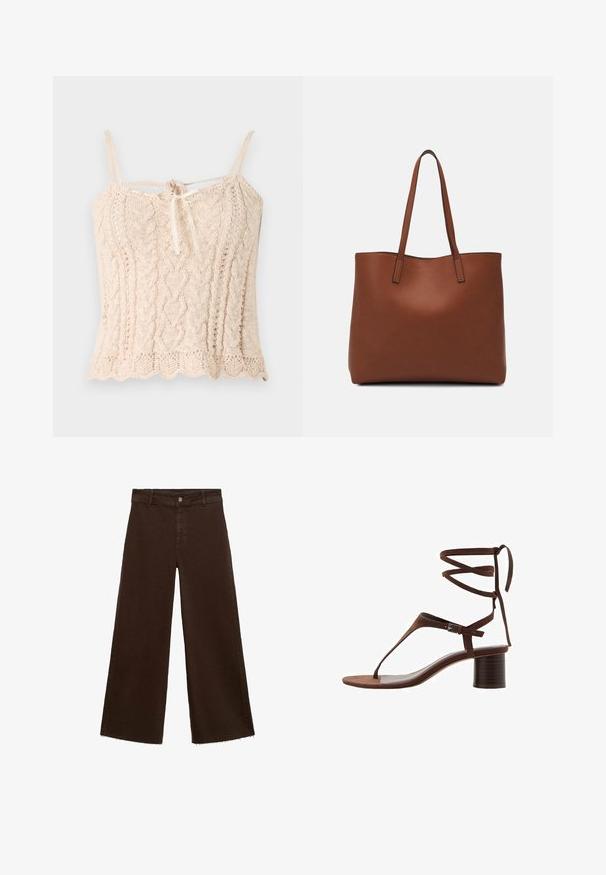 Pleteni top na bretele u svijetloj bež boji s rebrastom teksturom, koji ima tanke naramenice i mašnu vezanu sprijeda. Iznad njega se nalazi obrubljeni rub.; Smeđe široke hlače od pamuka, s raspucanim rubom, prednjim kopčanjem na dugme i klasičnim dizajnom s pet džepova. Minimalističke i svestrane.; Smeđe suède sandale s visokom petom s trokutastim remenom za prste, vezanjem oko gležnja i teksturiranom blok petom za stabilnost.; Smeđa kožna torba preko ramena s glatkom teksturom, otvorenim vrhom i dvjema naramenicama. Ima minimalne šavove i nema vidljivog hardvera.