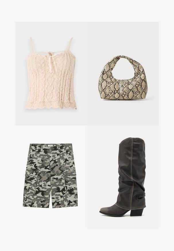 Kötött trikó világos bézs színben, bordázott textúrával, vékony vállpántokkal és elöl megkötött masni részlettel. Franciabugyira vágott szegély.; Camos-felt cargo bermuda nadrág, szürke és zöld árnyalatokban, több zsebből, gombos záródással és strapabíró szövettextúrával.; Szürke bőr, térdig érő csizmák, amelyek laza kialakításúak, hegyes orrúak és tornácos sarkúak. Figyelemre méltó varrási részlet az orr részén.; Kígyómintás kézitáska ívelt fogantyúval. Texturált, bézs és barna anyagból készült, jellegzetes gyémántmintával.