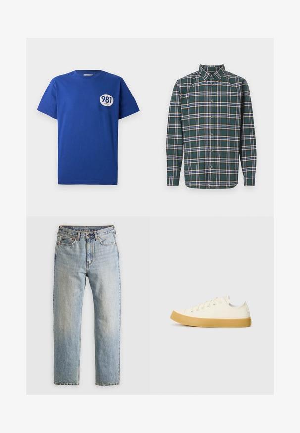 Plava pamučna majica s kratkim rukavima, okruglim izrezom i bijelim ovalnim logotipom koji sadrži brojeve "981" i riječ "REPLAY" otisnute na prednjoj strani.; Zeleni flanel košulja s kariranim uzorkom koji sadrži plave, bijele i senf žute linije. Prednji dio s dugmadima i oštrim kragnom. Duge rukave.; Svijetloplave traperice visoki struk, prednji gumb, zatvarač i dizajn s pet džepova, položene ravno na neutralnoj pozadini.; Platnene tenisice u boji slonovače s okruglim vrhom, s bež gumenim potplatima i pet rupa za vezivanje, teksturalna površina na gornjem dijelu.