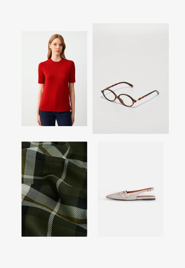 Maglione rosso a maniche corte realizzato in materiale a maglia con scollatura a girocollo e bordi a costine, abbinato a pantaloni scuri. Design semplice e attillato.; Tessuto a quadri intrecciato con colori verde scuro, nero e bianco. La texture è liscia con una finitura morbida e motivo.; Scarpa slingback beige chiaro con punta allungata, una morbida texture in suede, dotata di due fibbie decorative e un tacco basso e piatto.; Occhiali da vista in tartaruga con montatura ovale, lenti trasparenti e dettagli dorati. Presentano tempie curve e una finitura liscia e lucida.; COACH BROOKLYN SHOULDER BAG 23 - Borsa a mano - maple