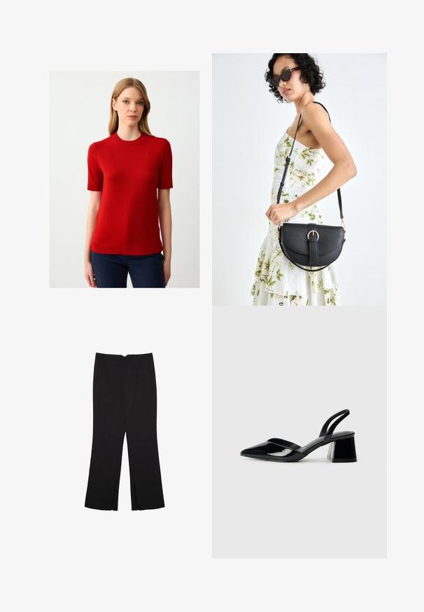 Red short-sleeve sweater made of knit material with a crew neckline and ribbed edges, paired with dark pants. Simple, fitted design.; Black trousers with a straight fit, featuring front pockets and side slits at the hem. Made of soft, smooth fabric. Suitable for various occasions.; Black patent leather slingback heels with a pointed toe and a geometric block heel. Features a sleek, minimal design and smooth texture.; Black leather handbag with a curved shape, detachable strap, and gold hardware. The bag features a flap with a buckle detail.